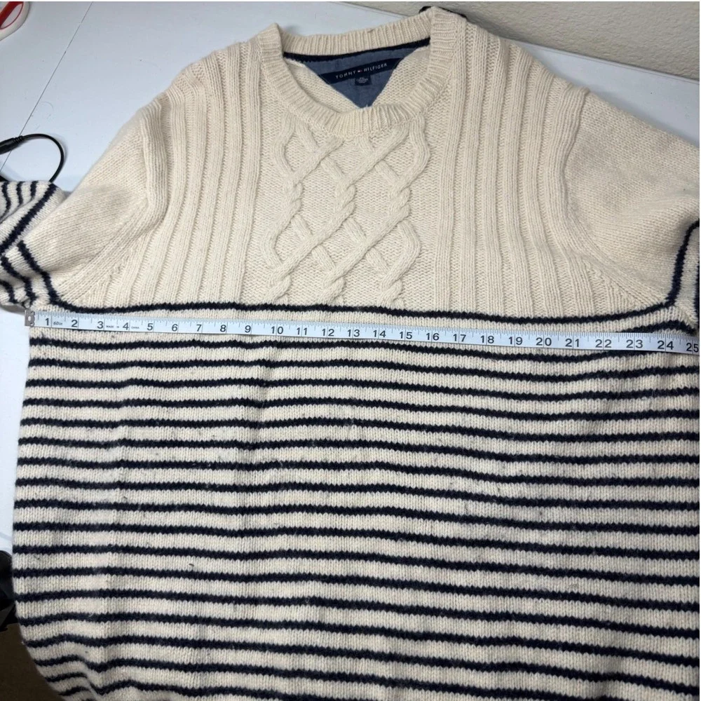 Tommy Hilfiger Mens XXL Lambs Wool Cream Navy Stripe Cable Knit Sweater Crewneck
